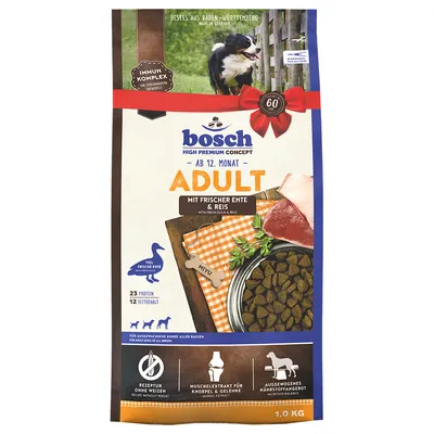 Bosch Adult karma dla psów od 12 miesięcy, ze świeżą kaczką i ryżem, bez pszenicy, ekstrakt z małży na stawy, zbilansowana zawartość składników odżywczych. Wielkość opakowania: 1,0 kg.