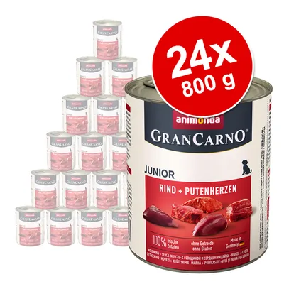 Animonda GranCarno Junior wołowina + serca z indyka, 24x 800g, 100% świeżych składników, bez zbóż, bez glutenu, wyprodukowane w Niemczech.
