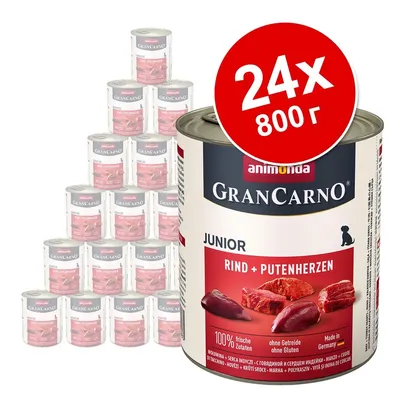 24 консерви Animonda GranCarno Junior, 800 г, говеждо и сърца от пуйка. Видими надписи: 100% пресни съставки, без зърнени храни и глутен, произведено в Германия.