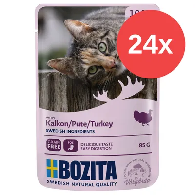 Bozita z indykiem, 85 g, bezzbożowa karma dla kota, 24 sztuki. Widoczne napisy: Swedish ingredients, delicious taste easy digestion, cooked with natural ingredients in Vårgårda.