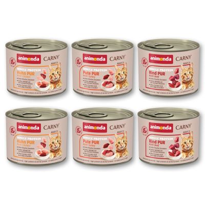 Več pločevink Animonda Carny Single Protein ADULT, okusi Huhn Pur, Rind Pur, Pute Pur. Velik oranžen krog z besedilom: Preizkusite sedaj!