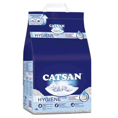 Embalagem de areia para gatos Catsan Hygiene Plus, 18L. Texto visível: '100% natural', instruções de abertura e símbolos informativos na lateral.