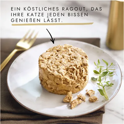 Ein köstliches Ragout, das Ihre Katze jeden Bissen geniessen lässt. Gezeigt auf einem Teller mit Kräutergarnitur.