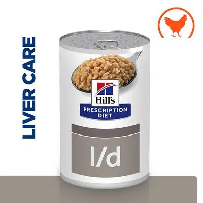 Hill's Prescription Diet l/d konzerv, felirattal: LIVER CARE, kanál eledellel, narancssárga csirke sziluett a sarokban