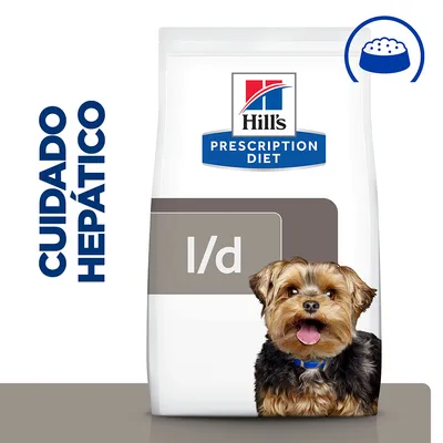 Hill's Prescription Diet l/d, cuidado hepático. Imagen de un perro pequeño delante del envase. Texto visible: CUIDADO HEPÁTICO. Hill's Prescription Diet l/d, cuidado hepático. Imagen de un perro pequeño delante del envase. Texto visible: CUIDADO HEPÁTICO.