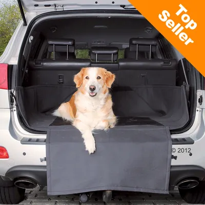 Dog lying on black protective boot liner in open car boot, orange corner banner with white text 'Top Seller' visible Dog lying on black protective boot liner in open car boot, orange corner banner with white text 'Top Seller' visible