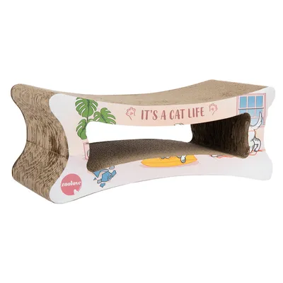 Tiragraffi in cartone con la scritta 'It's a cat life' e logo zooplus. Design con motivi di gatti e piante.