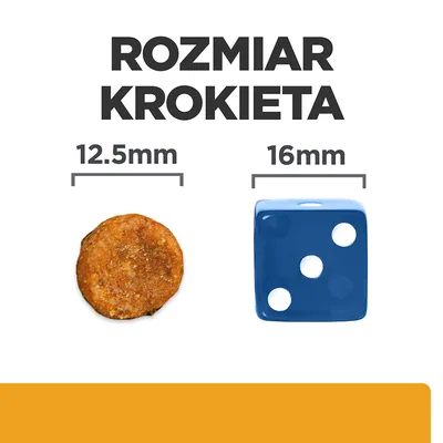 Rozmiar krokieta: średnica 12,5 mm obok kostki do gry o boku 16 mm. Porównanie wielkości krokieta i kostki.