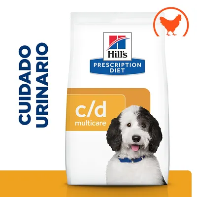 Hill's Prescription Diet c/d Multicare para perros, cuidado urinario. Imagen de un perro y símbolo de pollo en la esquina superior derecha. Hill's Prescription Diet c/d Multicare para perros, cuidado urinario. Imagen de un perro y símbolo de pollo en la esquina superior derecha.