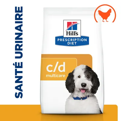 Hill's Prescription Diet c/d Multicare, sac avec photo de chien, mention « SANTÉ URINAIRE » et pictogramme poulet visible sur l’emballage.