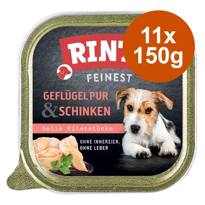 RINTI FEINSTE Geflügel pur & Schinken, helle Filetstücke, sans abats ni foie, 11 x 150 g. Texte en allemand.