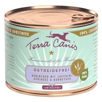 Terra Canis huismaaltijd voor honden, graanvrij, konijn met courgette, abrikoos en borage, 100% natuur, lactosevrij. Tekst deels in het Duits: 'Hausmannskost für Hunde', 'Getreidefrei'.