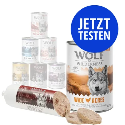Wolf of Wilderness Nassfutterdosen und Wurst, Sorte Wide Acres mit Huhn, 100% getreidefreie Rezeptur. Blauer Kreis mit Text: JETZT TESTEN.