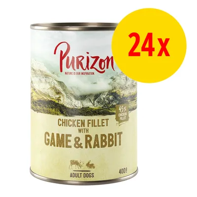 Purizon CHICKEN FILLET WITH GAME & RABBIT, 45 % chicken fillet, ADULT DOGS, 400 g. Gul cirkel med rød tekst: 24x.