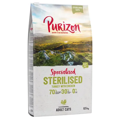 Purizon Specialised Sterilised Turkey with Chicken, 70% ingredientes de origem animal, 30% legumes e ervas, 0% cereais. Para gatos esterilizados. Tamanho: 6,5 kg.