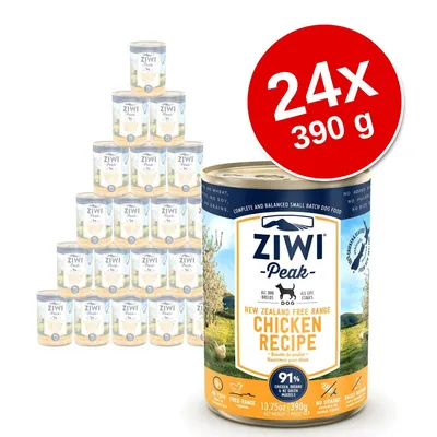 Ziwi Peak Chicken Recipe, 24 puszki po 390 g. Widoczna etykieta: New Zealand Free Range Chicken Recipe, 91% kurczak, zielone małże. Opakowanie zbiorcze. Ziwi Peak Chicken Recipe, 24 puszki po 390 g. Widoczna etykieta: New Zealand Free Range Chicken Recipe, 91% kurczak, zielone małże. Opakowanie zbiorcze.