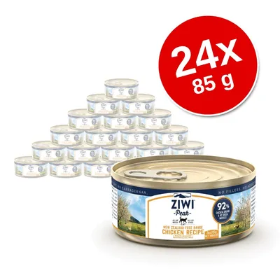 24 puszki po 85 g Ziwi Peak Chicken Recipe, widoczna etykieta: 92% mięsa z kurczaka, New Zealand Free Range, bez wypełniaczy i dodatków. 24 puszki po 85 g Ziwi Peak Chicken Recipe, widoczna etykieta: 92% mięsa z kurczaka, New Zealand Free Range, bez wypełniaczy i dodatków.