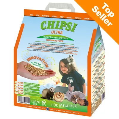 Balení Chipsi Ultra, kvalitní podestýlka z měkkého dřeva, 10 l, vyobrazené malé hlodavce a nápisy ULTRA Hygienepower, Geruchsbindung, Ergiebig, Saugkraft, Sanft, Top Seller.