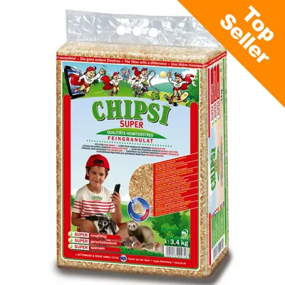 Balení podestýlky CHiPSi SUPER Feingranulat 3,4 kg, nápisy SUPER saugfähig, geruchsbindend, sparsam, obrázky drobných zvířat, označení Top Seller v rohu.