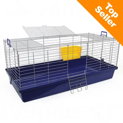 Klec s kovovými mřížemi a modrou plastovou spodní vanou, žlutá miska uvnitř. Oranžový roh s textem Top Seller.