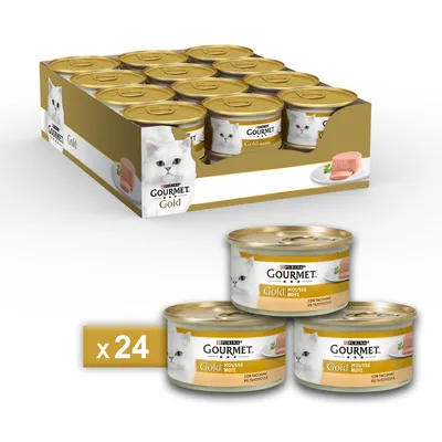Purina Gourmet Gold Mousse с пуйка, опаковка с 24 консерви. Показани са опаковката и три отделни консерви.