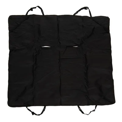 Black, padded car seat cover with straps and openings for seat belts.