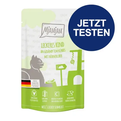 MjAMjAM Leckeres Rind an gedämpftem Kürbis mit Hühnerleber. Beste Qualität aus deutscher Herstellung. Extra hoher Fleischanteil, ganz ohne Getreide, wichtige Vitamine und Mineralstoffe. MjAMjAM Leckeres Rind an gedämpftem Kürbis mit Hühnerleber. Beste Qualität aus deutscher Herstellung. Extra hoher Fleischanteil, ganz ohne Getreide, wichtige Vitamine und Mineralstoffe.