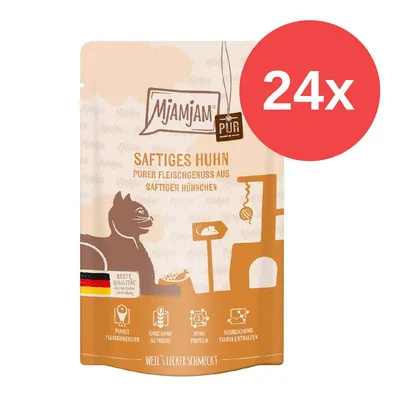 Mjamjam Pur Saftiges Huhn. Purer Fleischgenuss aus saftigem Hühnchen, beste Qualität aus deutscher Herstellung, ganz ohne Getreide, Monoprotein, ausreichend Taurin enthalten. Packung 24x. Mjamjam Pur Saftiges Huhn. Purer Fleischgenuss aus saftigem Hühnchen, beste Qualität aus deutscher Herstellung, ganz ohne Getreide, Monoprotein, ausreichend Taurin enthalten. Packung 24x.