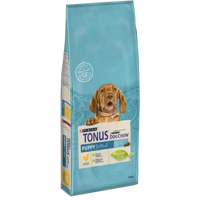 Sacchetto da 14 kg di Purina Tonus Dog Chow Puppy con pollo, immagine di un cucciolo sulla confezione, testo visibile: 'NATURIUM', 'con pollo', 'PUPPY', 'PURINA'.