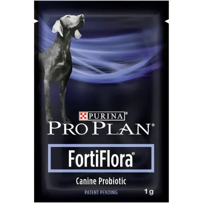 Purina Pro Plan FortiFlora Canine Probiotic, patent pending, 1g sachet shown on packaging.
