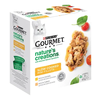 Purina Gourmet Nature's Creations Slow Cooked Mini Fillets, rich in chicken with spinach and tomatoes, rich in turkey with spinach and parsnip, 8 x 85g, no added colourants.