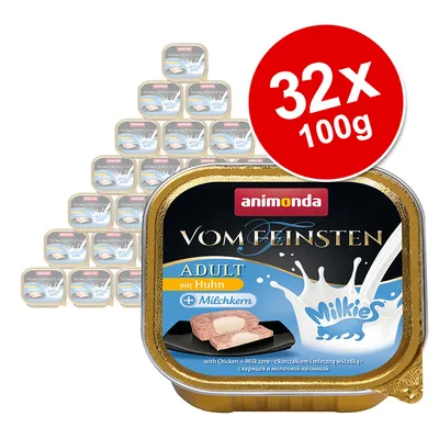 animonda Vom Feinsten ADULT mit Huhn + Milchkern, Milkies, 32 x 100 g annospakkaus. Pääkuvassa tuotepakkaus ja suuri punainen merkintä '32x 100g'.