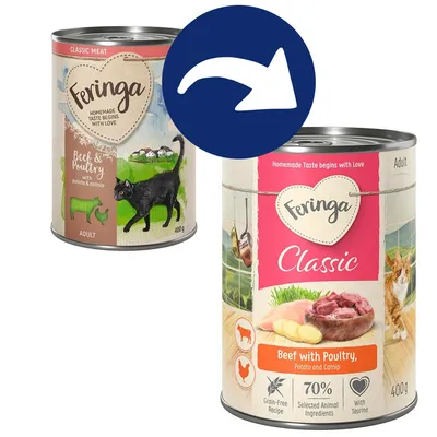 Feringa Classic mokra karma dla kotów, wołowina z drobiem, ziemniakiem i kocimiętką, puszka 400g, bez zbóż, z tauryną, 70% wyselekcjonowanych składników zwierzęcych.