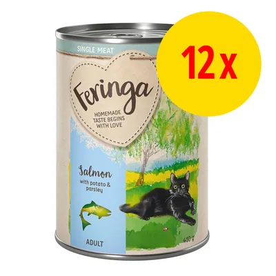 Feringa Salmon with potato & parsley ADULT 410 g, dåse med illustration af sort kat og fisk. Tekst: SINGLE MEAT, HOMEMADE TASTE BEGINS WITH LOVE. Gul cirkel med rød tekst: 12 x.