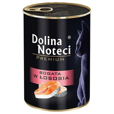 Dolina Noteci Premium храна за котки, богата на сьомга. Черна консерва с изображение на парче сьомга и котка.