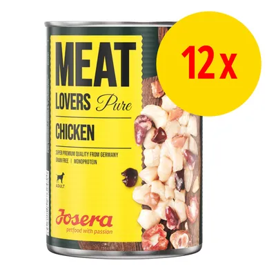 Confezione da 12 lattine Josera Meat Lovers Pure Chicken, testo visibile: super premium quality from Germany, grain free, monoprotein, adult, petfood with passion. Confezione da 12 lattine Josera Meat Lovers Pure Chicken, testo visibile: super premium quality from Germany, grain free, monoprotein, adult, petfood with passion.