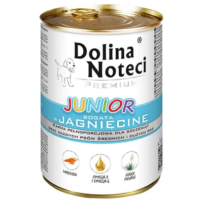 Dolina Noteci Premium Junior, bohaté na jahňacie. Kompletné krmivo pre šteňatá a mladé psy stredných a veľkých plemien. Zloženie: mrkva, Omega-3 a Omega-6, Yucca Mojave.