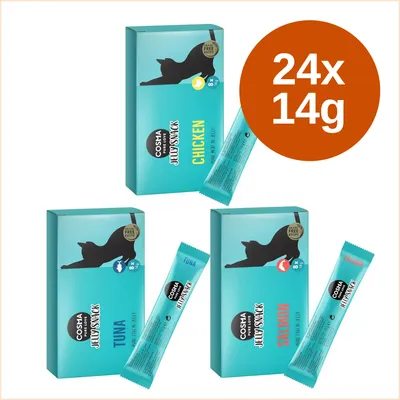 Cosma Jelly Snack Chicken, Tuna, Salmon. Balení 24×14 g. Na obalech nápisy: GRAIN FREE RECIPE, JELLY SNACK, PURE FISH IN JELLY, PURE MEAT IN JELLY. Cosma Jelly Snack Chicken, Tuna, Salmon. Balení 24×14 g. Na obalech nápisy: GRAIN FREE RECIPE, JELLY SNACK, PURE FISH IN JELLY, PURE MEAT IN JELLY.