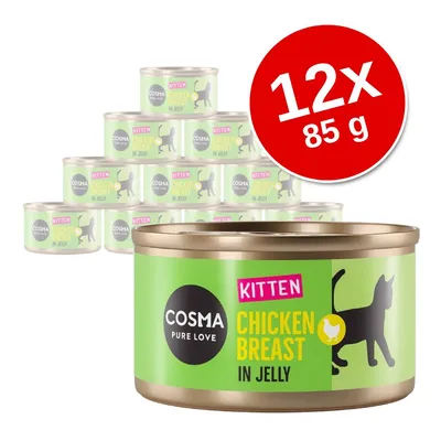 Cosma Pure Love Kitten Chicken Breast in Jelly, zestaw 12 puszek po 85 g. Widoczna etykieta z nazwą produktu i sylwetką kota.