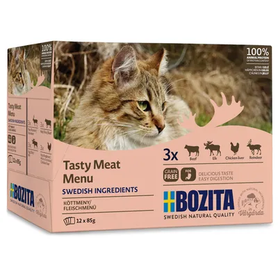 Bozita Tasty Meat Menu, svenske ingredienser, 12x85g. Varianter: oksekød, elg, kyllingelever, rensdyr. Kornfri, let nydelse, 100% animalsk protein. Naturligt fremstillet i Vårgårda.