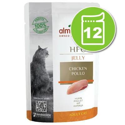 Almo Nature HFC Jelly Chicken Pollo pour chat adulte, sachet avec image de poulet, texte 'Profits 100% to nature', lot de 12 indiqué sur un pictogramme vert. Almo Nature HFC Jelly Chicken Pollo pour chat adulte, sachet avec image de poulet, texte 'Profits 100% to nature', lot de 12 indiqué sur un pictogramme vert.