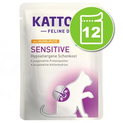 Kattovit Feline Diet Sensitive mit Huhn + Pute, hypoallergene Schonkost, ausgewählte Proteinquellen et Kohlenhydrate, lot de 12 sachets. Texte en allemand.