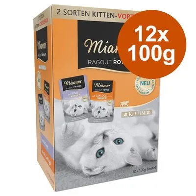 Miamor Ragout Royale Kitten, 2 soorten: rund en gevogelte. Verpakking met 12 x 100g. Tekst: NEU, mit Taurin + Mineralien. Afbeelding van kitten op de doos.