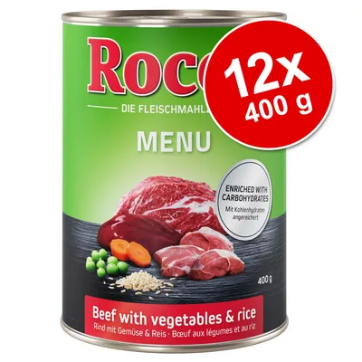 Rocco Menu Beef with vegetables & rice, 12×400 g. Text: Enriched with carbohydrates. Bild på kött, ärtor, morot och ris. Förpackningsstorlek: 400 g.