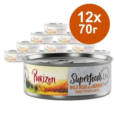 Purizon Superfoods консерви 12×70 г, Wild Boar with Herring, Sweet Potato & Apple. Видими са няколко кутии с етикет и надпис на английски.
