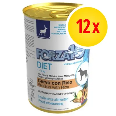 Forza10 Diet Hypoallergenic Cervo con Riso, formula veterinaria per intolleranze alimentari, confezione da 12 x 400 g. Testo visibile: Venison with Rice, Food intolerances.