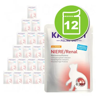 Kattovit Feline Diet NIERE/Renal mit Huhn, lot de 12 sachets. Texte visible : phosphorgehalt reduziert, eiweißgehalt reduziert, hochwertige proteine, verbesserte rezeptur. Kattovit Feline Diet NIERE/Renal mit Huhn, lot de 12 sachets. Texte visible : phosphorgehalt reduziert, eiweißgehalt reduziert, hochwertige proteine, verbesserte rezeptur.