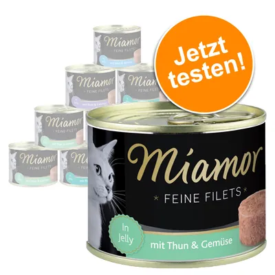 Latas de Miamor Feine Filets, visible texto en alemán: 'mit Thun & Gemüse', 'In Jelly'. Círculo naranja con texto: 'Jetzt testen!'. Imagen de un gato en la etiqueta.