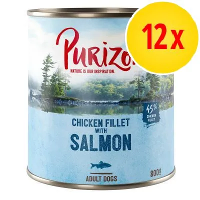 Purizon Chicken Fillet with Salmon, 45 % chicken fillet, 800 g, Adult Dogs. Pakke med 12 dåser. Tekst: Nature is our inspiration.