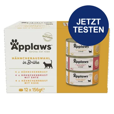 Applaws Hähnchenauswahl in Brühe, 12 Dosen à 156g: 4x Hähnchenbrust, 4x Hähnchenbrust mit Ente, 4x Hähnchenbrust mit Käse. Made with natural ingredients. Jetzt testen.